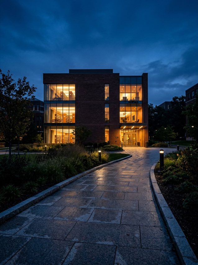 Campus building at dusk