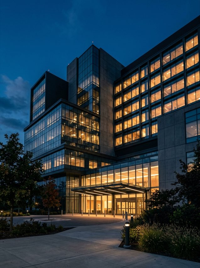Hospital building at dusk