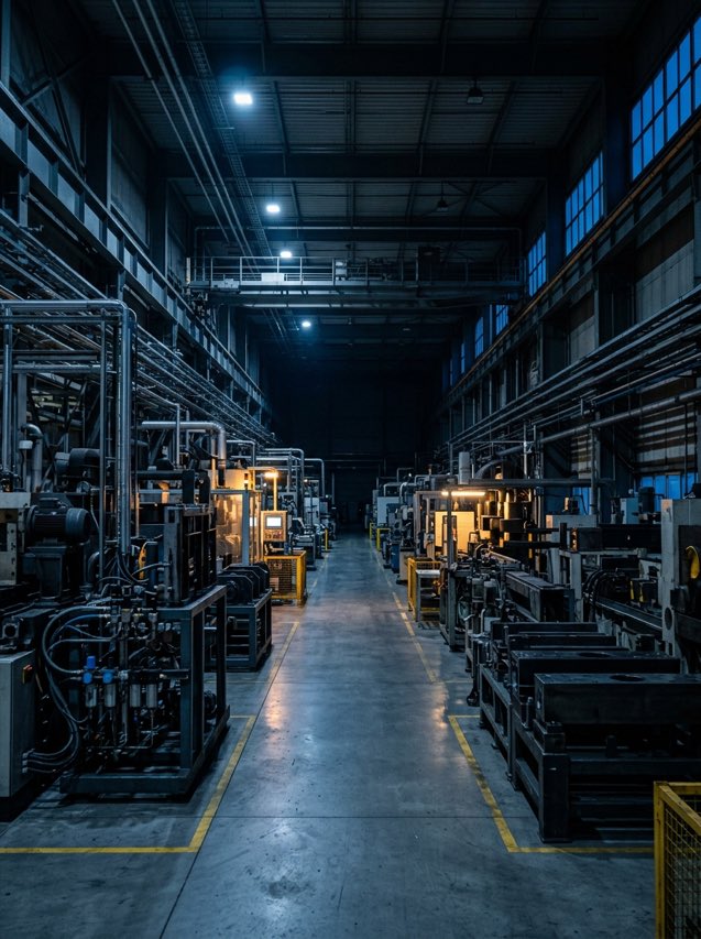 Manufacturing plant interior at night