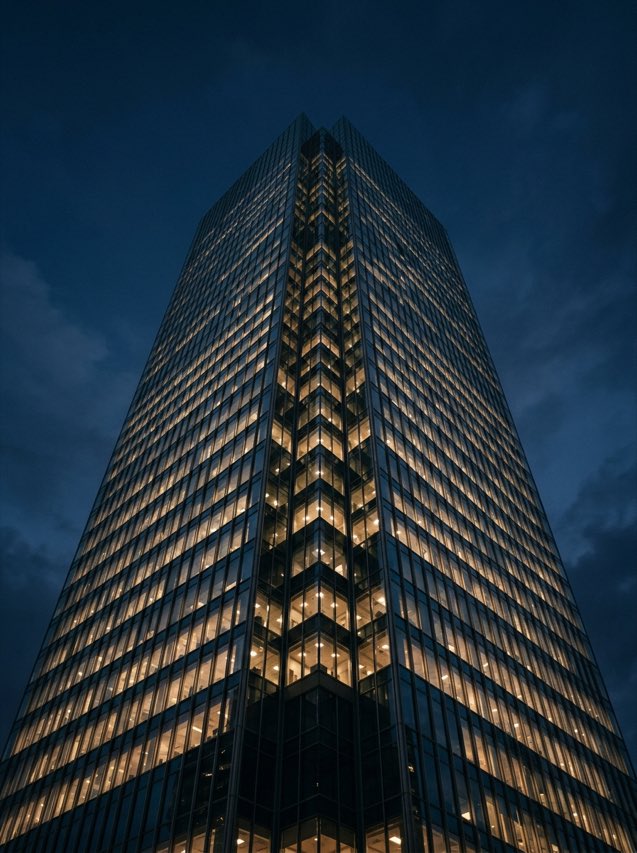Class-A office tower at dusk