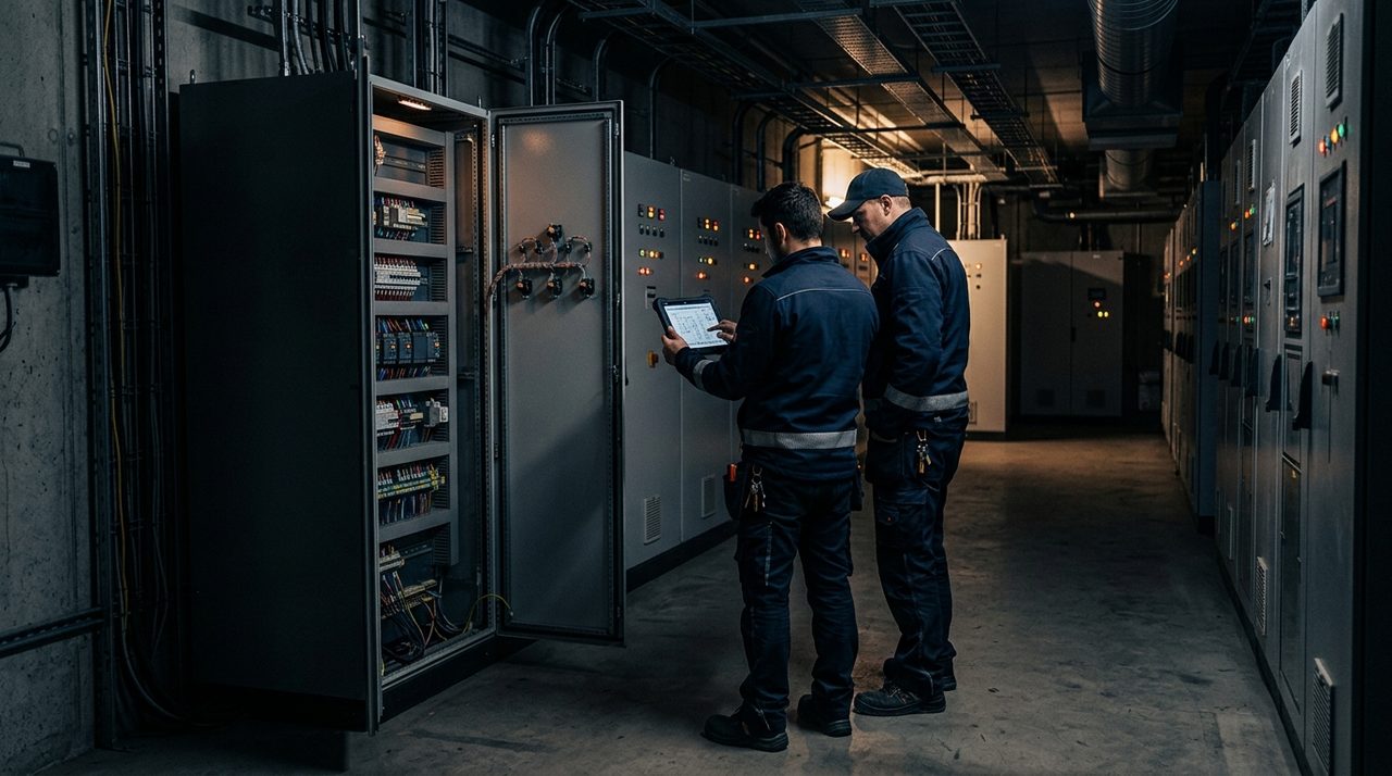 Two building-services professionals reviewing a tablet in a commercial electrical room