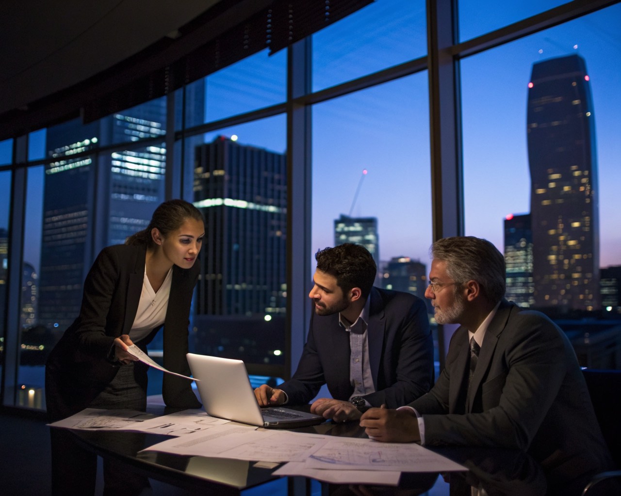 Three business professionals reviewing building drawings and a laptop in a high-rise conference room at dusk
