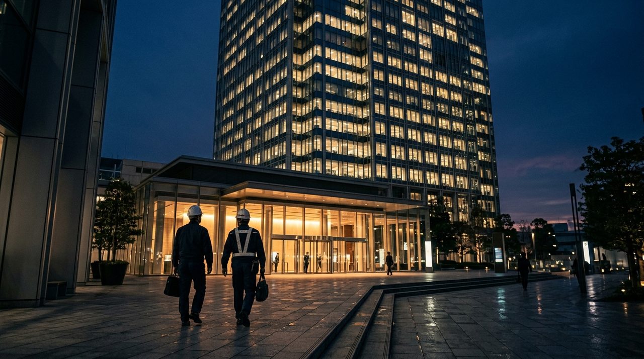 Two professionals in hard hats approaching a commercial office tower at dusk